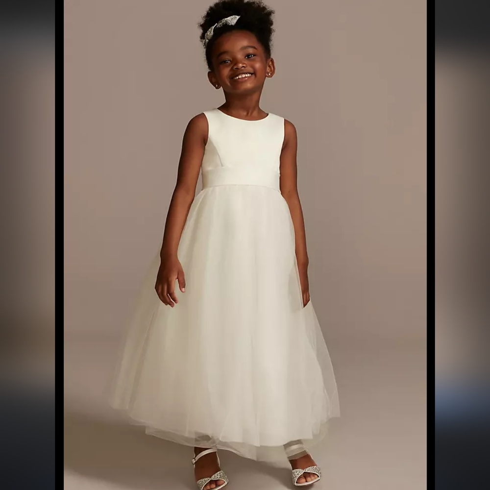 David's Bridal White Satin Flower Girl Dress With Tulle